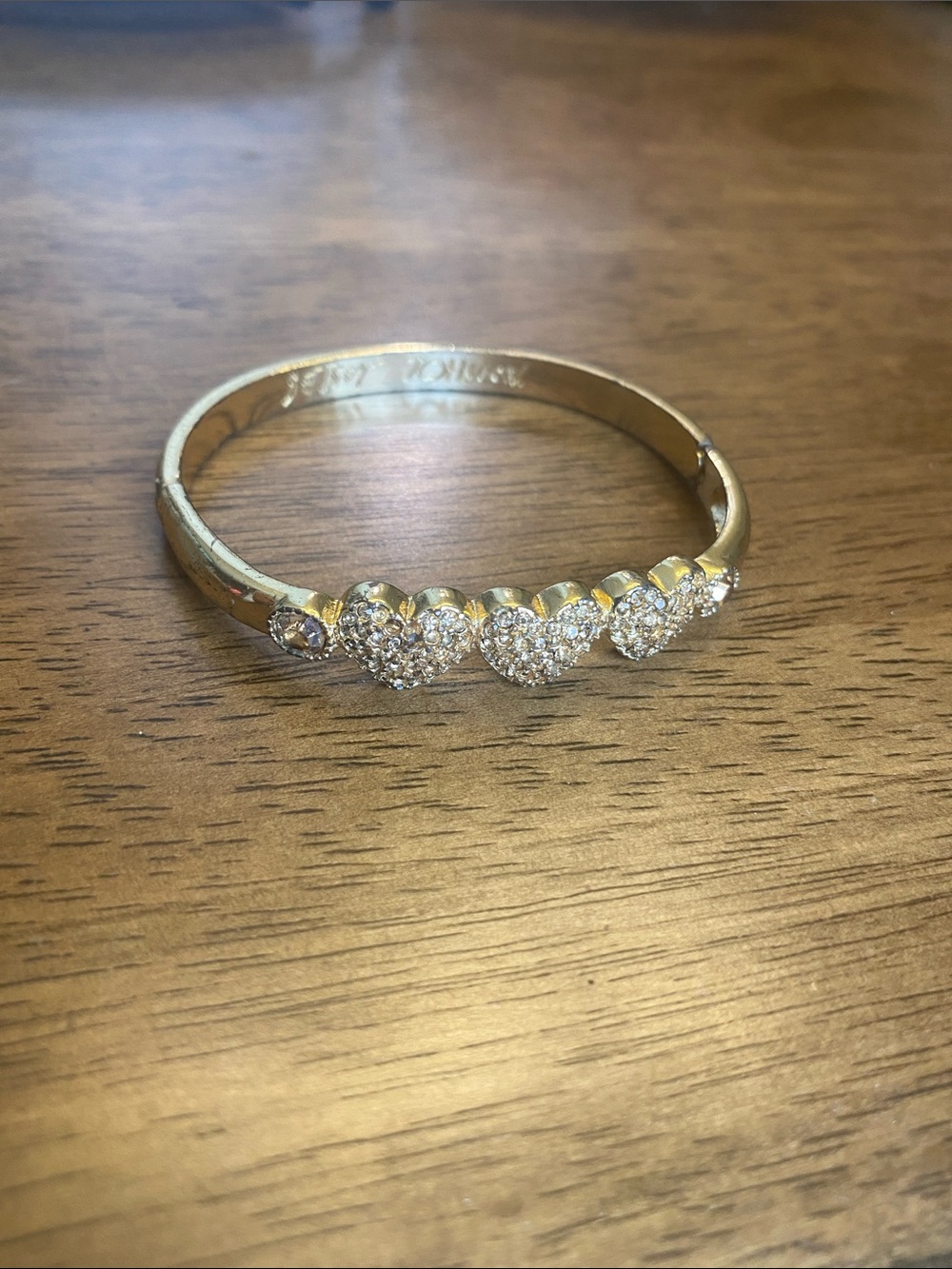 Betsy Johnson gold tone rhinestone heart bangle bracelet - worn